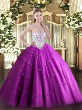  Fuchsia Tulle Zipper Scoop Sleeveless Floor Length Vestidos de Quinceanera Beading and Appliques