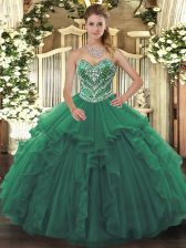 Decent Green 15th Birthday Dress Military Ball and Sweet 16 and Quinceanera with Beading and Ruffles Sweetheart Sleeveless Lace Up