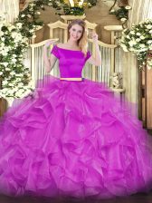  Short Sleeves Floor Length Appliques and Ruffles Zipper Ball Gown Prom Dress with Fuchsia
