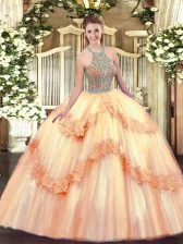  Peach Sleeveless Beading and Appliques Floor Length 15th Birthday Dress