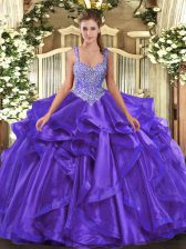 Edgy Purple Straps Lace Up Beading and Ruffles Vestidos de Quinceanera Sleeveless