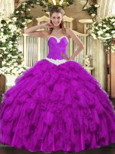  Purple Ball Gowns Sweetheart Sleeveless Organza Floor Length Lace Up Appliques and Ruffles 15 Quinceanera Dress