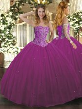 Custom Design Tulle Sweetheart Sleeveless Lace Up Beading 15th Birthday Dress in Fuchsia