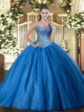  Blue Ball Gown Prom Dress Military Ball and Sweet 16 and Quinceanera with Beading Sweetheart Sleeveless Lace Up
