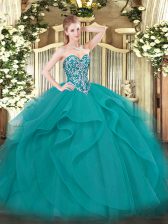  Teal 15th Birthday Dress Military Ball and Sweet 16 and Quinceanera with Beading and Ruffles Sweetheart Sleeveless Lace Up