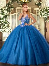  Blue Sweet 16 Dresses Military Ball and Sweet 16 and Quinceanera with Beading Straps Sleeveless Lace Up
