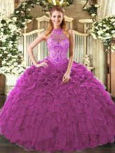  Fuchsia Organza Lace Up Quinceanera Gowns Sleeveless Floor Length Embroidery and Ruffles