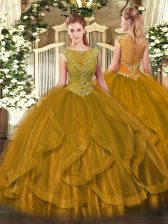 Designer Sleeveless Tulle Floor Length Zipper Sweet 16 Quinceanera Dress in Brown with Beading