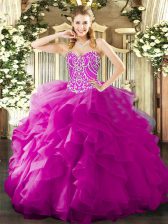  Sweetheart Sleeveless Sweet 16 Dresses Floor Length Beading and Ruffles Fuchsia Organza