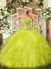 Trendy Yellow Green Ball Gowns Beading and Ruffles Sweet 16 Dresses Lace Up Organza Sleeveless Floor Length