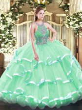 Exceptional Sleeveless Floor Length Beading and Ruffled Layers Lace Up Quinceanera Gown with Apple Green