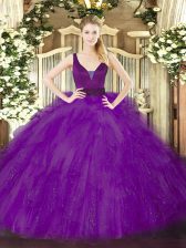 Custom Made Purple Ball Gowns Tulle Straps Sleeveless Beading and Ruffles Floor Length Zipper Quinceanera Gowns