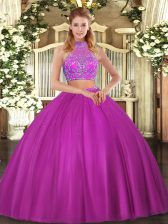  Fuchsia Two Pieces Tulle Halter Top Sleeveless Beading Floor Length Criss Cross Quinceanera Dresses