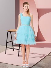 Custom Designed Aqua Blue One Shoulder Neckline Beading and Ruffled Layers Sleeveless Lace Up