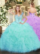  Aqua Blue V-neck Neckline Ruffles Vestidos de Quinceanera Sleeveless Lace Up