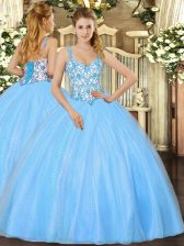  Sleeveless Floor Length Beading and Appliques Lace Up Sweet 16 Dress with Baby Blue