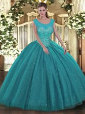  Ball Gowns Quince Ball Gowns Teal Scoop Tulle and Sequined Sleeveless Floor Length Backless