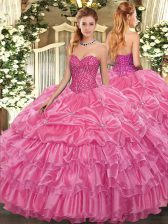 Excellent Rose Pink Organza Lace Up Vestidos de Quinceanera Sleeveless Floor Length Beading and Ruffled Layers and Pick Ups