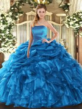 Stylish Blue Ball Gowns Organza Strapless Sleeveless Ruffles and Pick Ups Floor Length Lace Up 15 Quinceanera Dress