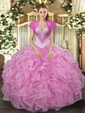 Delicate Sweetheart Sleeveless Vestidos de Quinceanera Floor Length Beading and Ruffles Rose Pink Organza