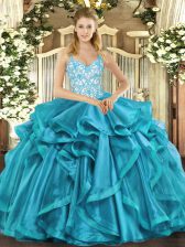  Organza Straps Sleeveless Lace Up Beading and Appliques and Ruffles 15th Birthday Dress in Teal 