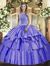 Fantastic Floor Length Lavender Quinceanera Gown Organza and Taffeta Sleeveless Beading and Ruffled Layers
