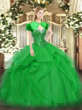 Spectacular Green Ball Gowns Beading and Ruffles Quinceanera Dress Lace Up Tulle Sleeveless Floor Length