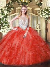  Coral Red Tulle Zipper 15 Quinceanera Dress Sleeveless Floor Length Beading and Ruffles