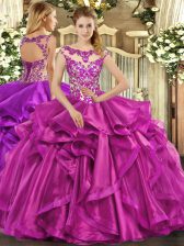 Decent Fuchsia Ball Gowns Organza Scoop Sleeveless Beading and Appliques and Ruffles Floor Length Lace Up 15th Birthday Dress