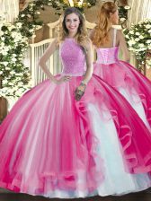 Extravagant Hot Pink Sleeveless Beading and Ruffles Floor Length Sweet 16 Dress