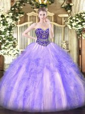 Clearance Lavender Tulle Lace Up 15 Quinceanera Dress Sleeveless Floor Length Beading and Ruffles