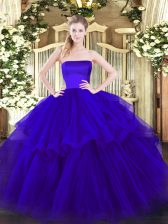 Colorful Strapless Sleeveless Brush Train Zipper 15 Quinceanera Dress Blue Tulle