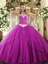  Brush Train Ball Gowns 15th Birthday Dress Fuchsia Sweetheart Tulle Sleeveless Lace Up