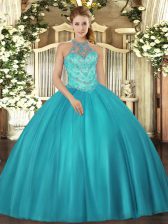 Hot Sale Teal Sleeveless Satin Lace Up Quinceanera Dress for Military Ball and Sweet 16 and Quinceanera