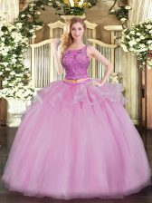 Fine Lilac Scoop Lace Up Beading Quinceanera Gown Sleeveless