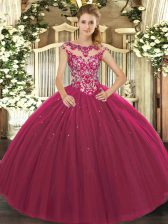Dazzling Scoop Cap Sleeves Tulle Vestidos de Quinceanera Beading and Appliques Lace Up
