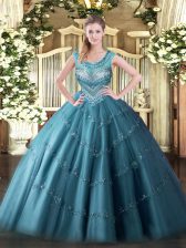 Teal Tulle Lace Up Sweet 16 Quinceanera Dress Sleeveless Floor Length Beading and Appliques