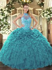  Sleeveless Lace Up Floor Length Beading and Embroidery and Ruffles Ball Gown Prom Dress