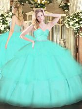  Floor Length Apple Green Sweet 16 Dress Tulle Sleeveless Beading and Lace and Ruffled Layers
