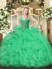Glorious V-neck Sleeveless Quinceanera Gown Floor Length Beading and Ruffles Green Organza