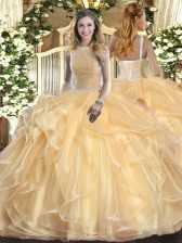  Champagne Ball Gowns High-neck Sleeveless Organza Floor Length Lace Up Beading and Ruffles Sweet 16 Dress