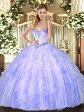  Sweetheart Sleeveless Quinceanera Dresses Floor Length Beading and Ruffles Lavender Organza