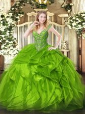  Lace Up V-neck Beading and Ruffles Vestidos de Quinceanera Organza Sleeveless
