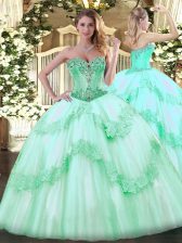  Apple Green Lace Up Quince Ball Gowns Beading and Appliques Sleeveless Floor Length