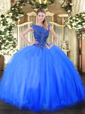 Suitable Floor Length Ball Gowns Cap Sleeves Blue Quinceanera Gowns Zipper