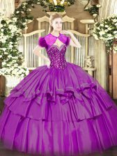  Fuchsia Sleeveless Organza and Taffeta Lace Up Sweet 16 Quinceanera Dress for Military Ball and Sweet 16 and Quinceanera
