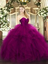 Romantic Sleeveless Tulle Floor Length Zipper 15 Quinceanera Dress in Fuchsia with Ruffles