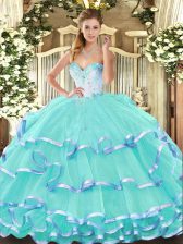 Latest Sleeveless Organza Floor Length Lace Up Sweet 16 Dress in Turquoise with Beading and Ruffled Layers