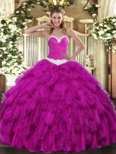 Elegant Fuchsia Sweetheart Neckline Appliques and Ruffles Quinceanera Dresses Sleeveless Lace Up