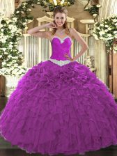 Fitting Sweetheart Sleeveless Quinceanera Dress Floor Length Appliques and Ruffles Fuchsia Organza